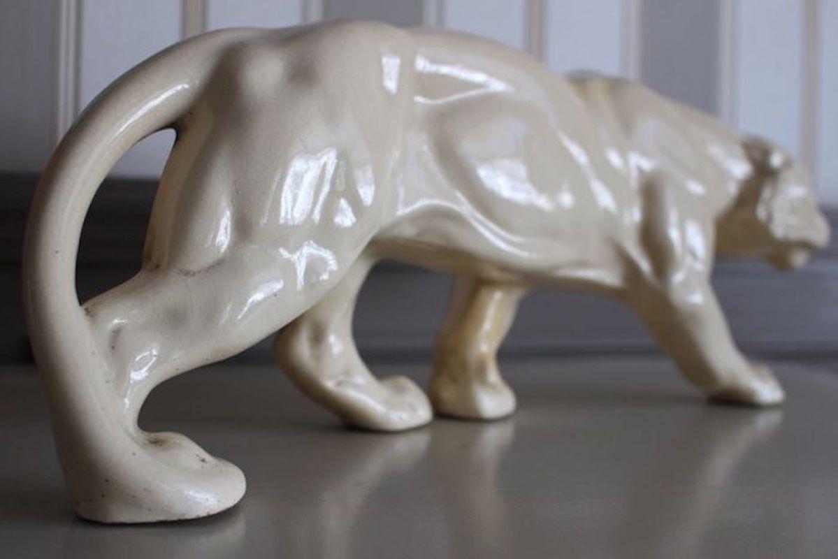 Art Deco Animalier Cream crackled Ceramic Panther Sculpture   9
