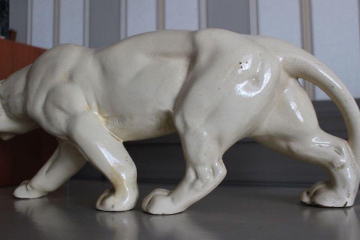 Art Deco Animalier Cream crackled Ceramic Panther Sculpture   11