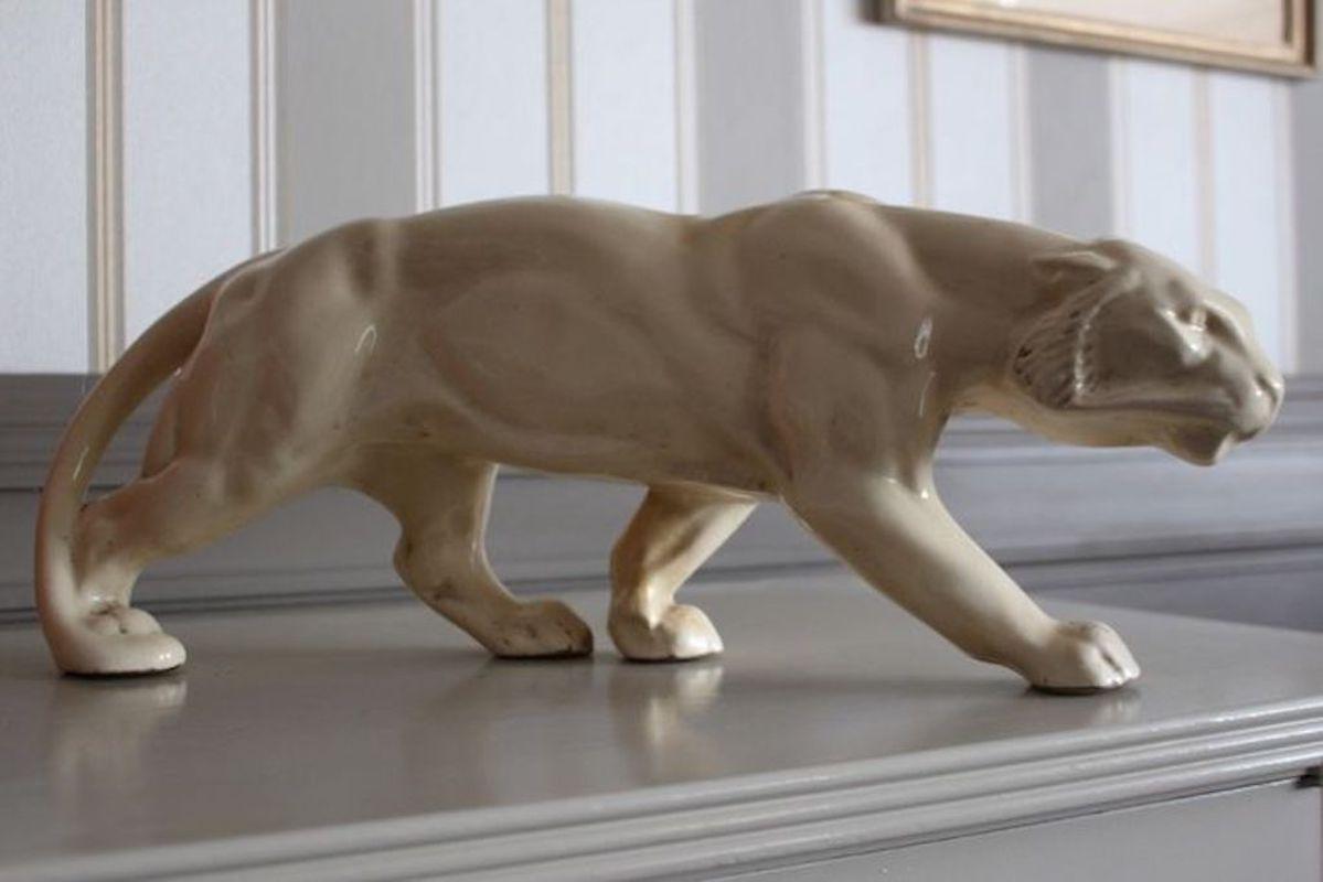 European Art Deco Animalier Cream crackled Ceramic Panther Sculpture  