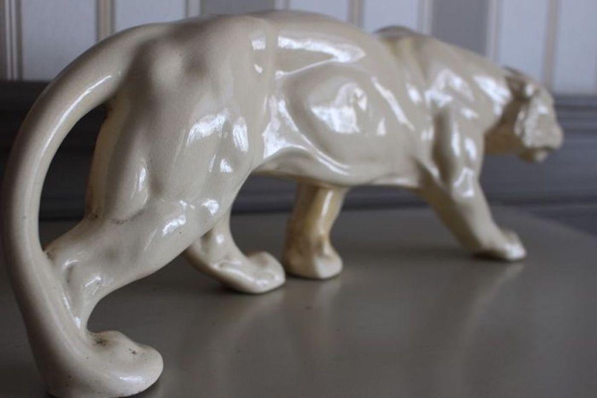 Mid-20th Century Art Deco Animalier Cream crackled Ceramic Panther Sculpture  