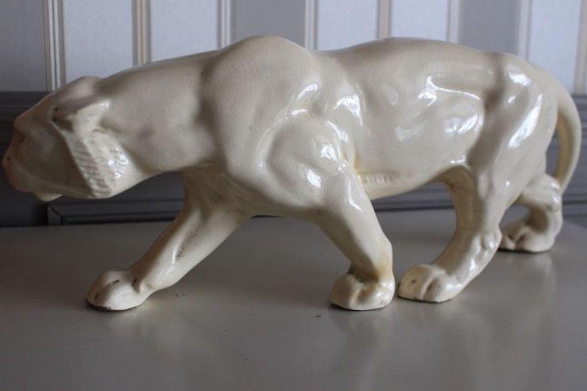 Art Deco Animalier Cream crackled Ceramic Panther Sculpture   1