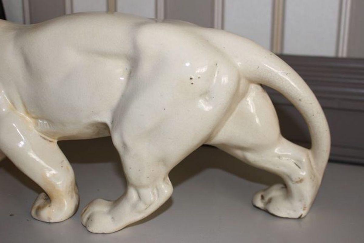 Art Deco Animalier Cream crackled Ceramic Panther Sculpture   2