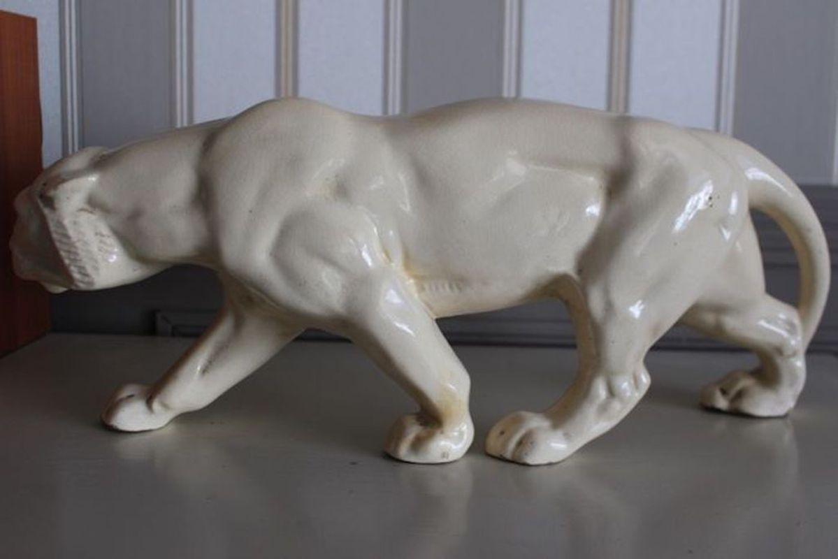 Art Deco Animalier Cream crackled Ceramic Panther Sculpture   3