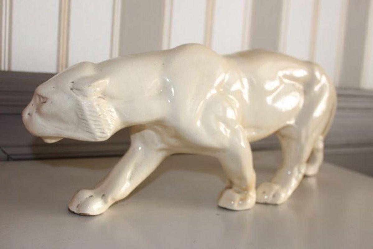 Art Deco Animalier Cream crackled Ceramic Panther Sculpture   4