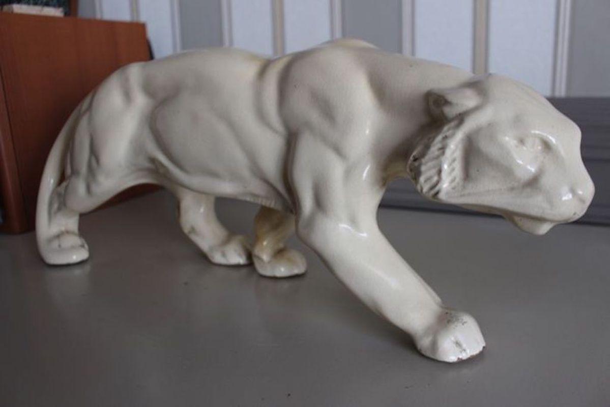 Art Deco Animalier Cream crackled Ceramic Panther Sculpture   5