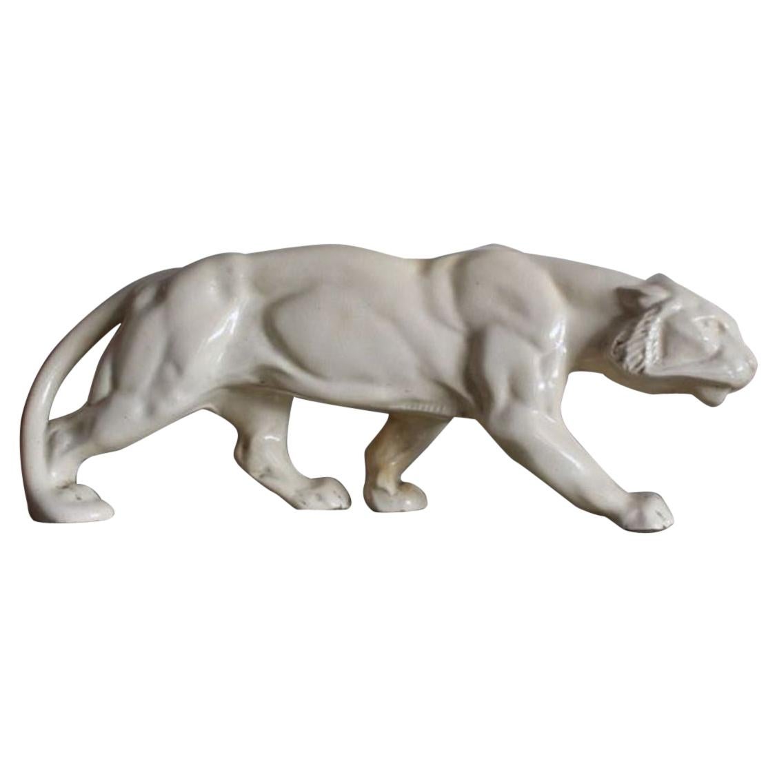 Art Deco Animalier Cream crackled Ceramic Panther Sculpture  