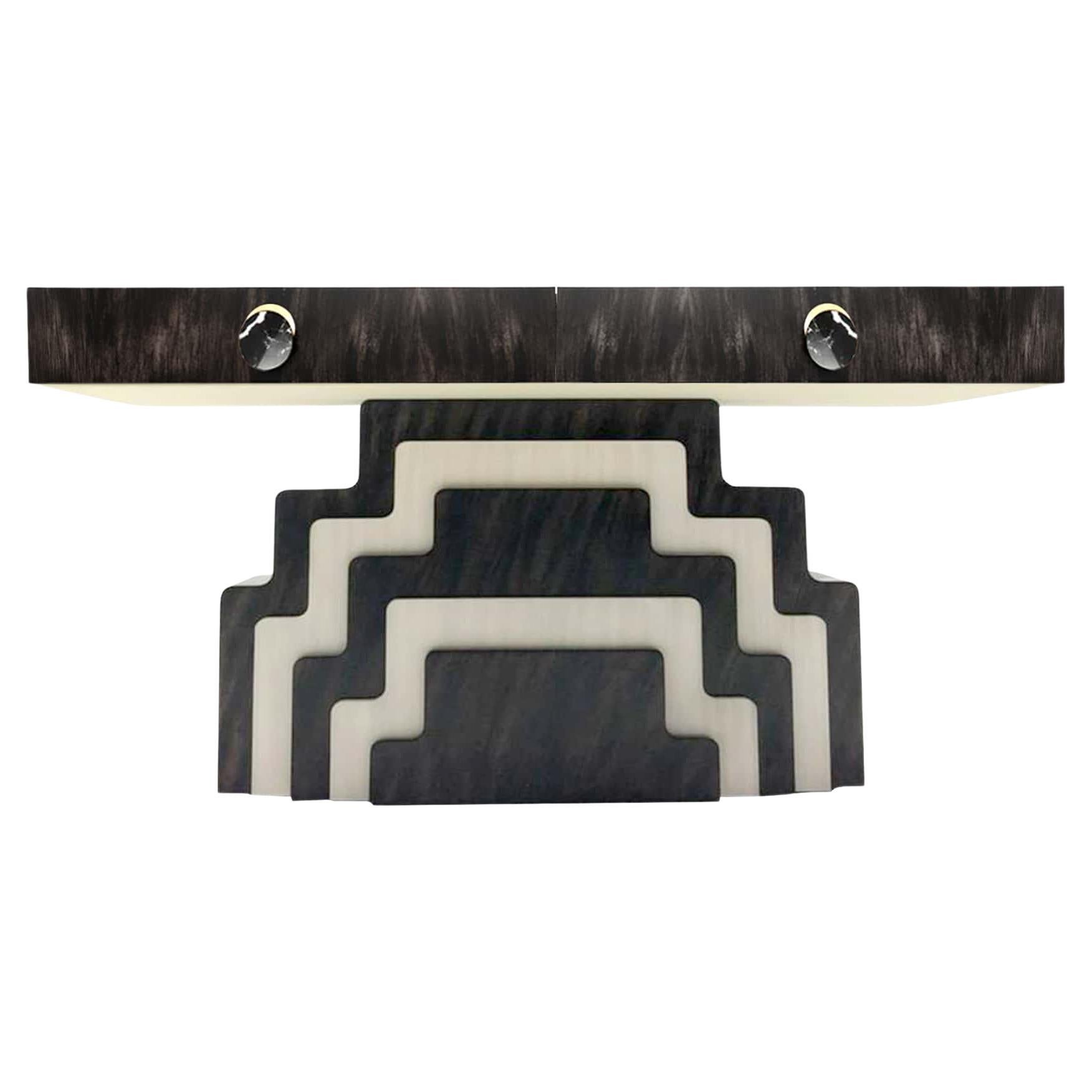 Art Deco Annali Console Table with Drawers Upholstered in Velvet. Legs in Gloss