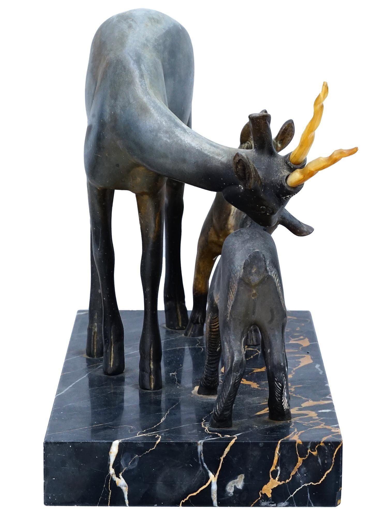 French Art Deco Antelope and Calves Bronze and Marble Sculpture For Sale