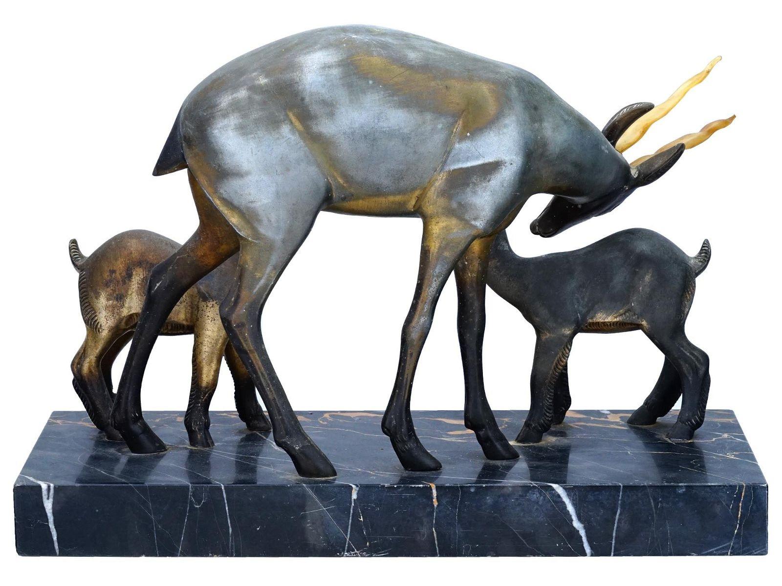 Patinated Art Deco Antelope and Calves Bronze and Marble Sculpture For Sale