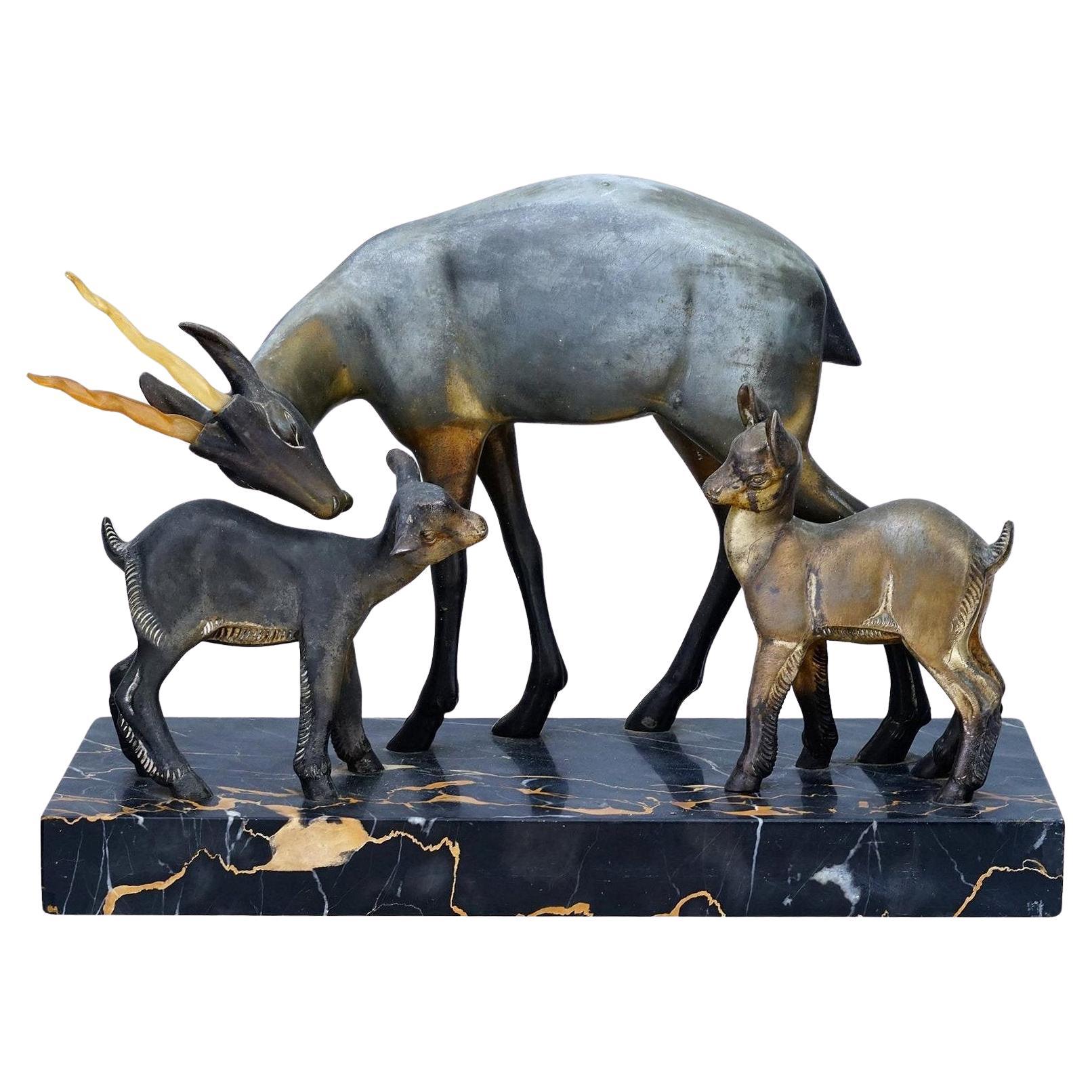 Art Deco Antelope and Calves Bronze and Marble Sculpture For Sale