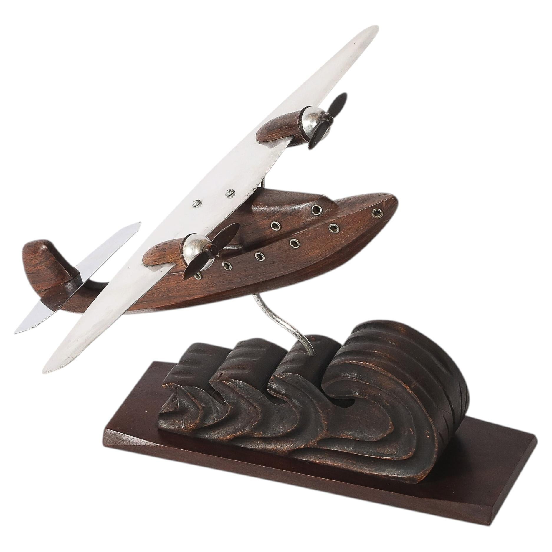 Art Deco Anthoine Art Bois Carved Wood and Metal Seaplane Model on Stand For Sale