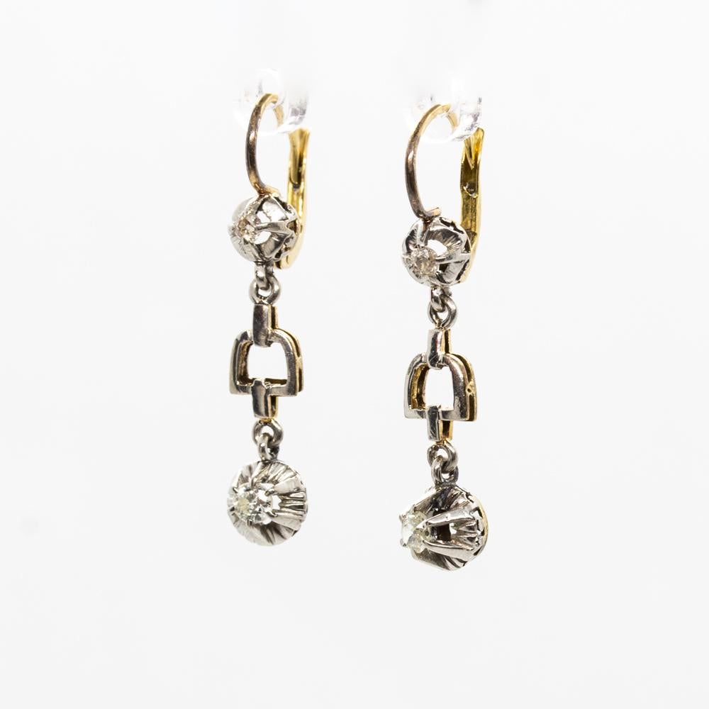Period: Art Deco (1920-1935)

Composition: 18k Gold and Platinum
Stones:
•	4 old mine cut diamond J-SI1 0.50ctwx.

Earrings measure: 32mm by 6mm.¬
Total weight:  3.5grams – 2.3dwt¬¬
Appraisal available under request.
GORGEOUS DETAIL…VERY FINELY