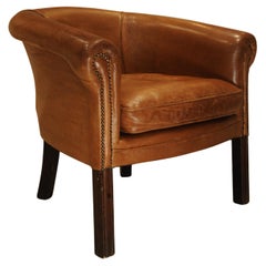 Art Deco Antique Brown Leather Tub Desk Chair With Studded Detailing