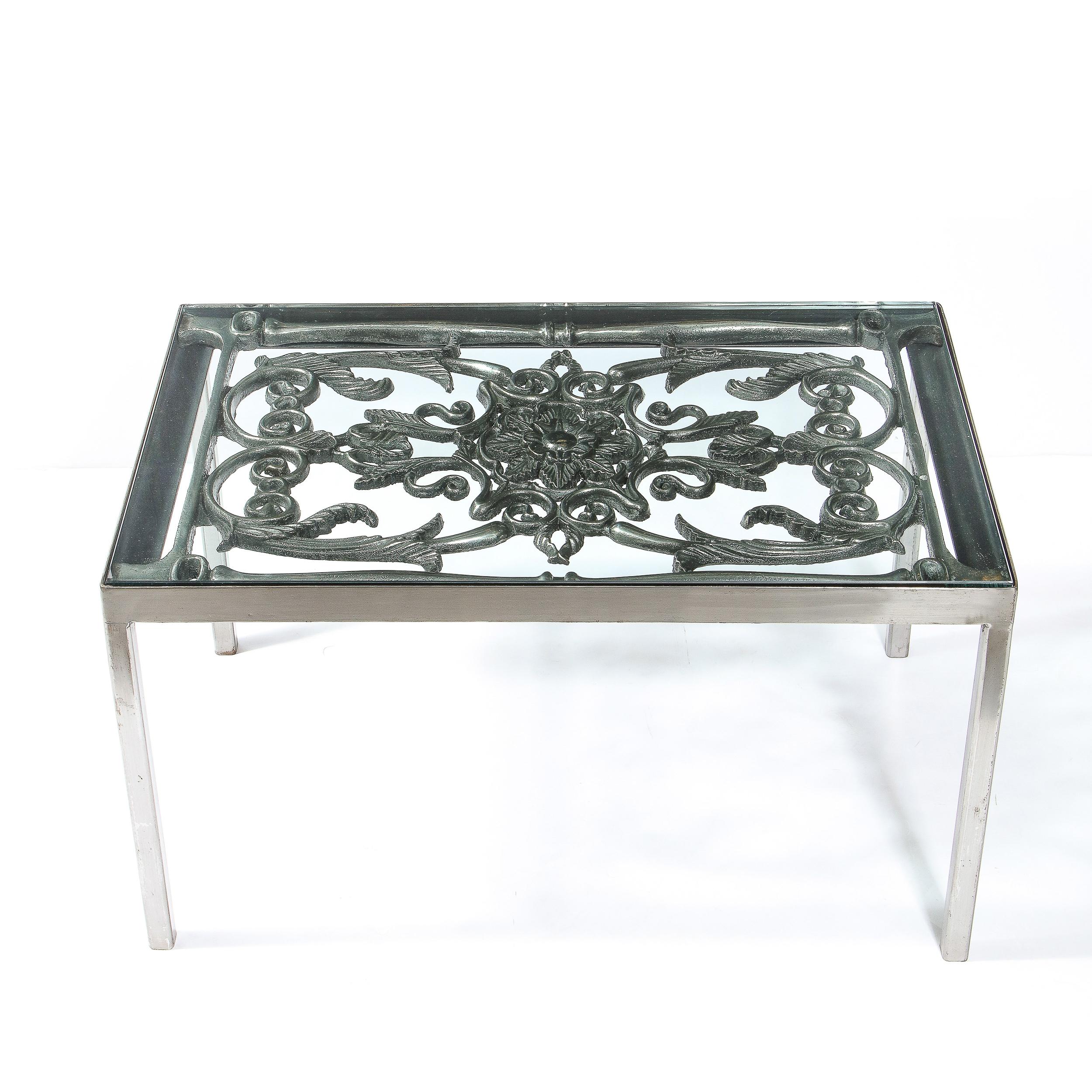 Mid-20th Century Art Deco Antique Burnished Cast-Iron Gate Cocktail Table with Floral Detailing For Sale