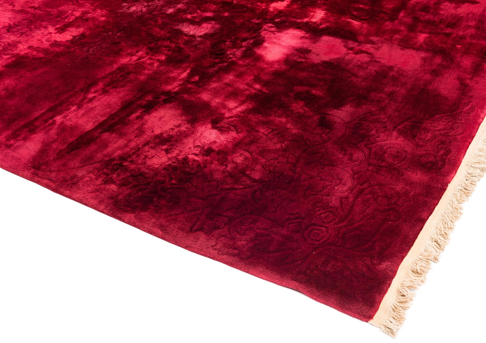 Hand-Knotted Art Deco Antique Chinese Wool Rug with Deep Pile in Red Burgundy For Sale