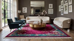 Art Deco Antique Chinese Wool Rug in Magenta Cherry and Jade Green, Circa 1920s