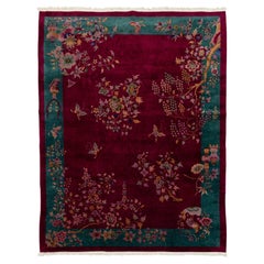 Art Deco Antique Chinese Wool Rug in Magenta Cherry and Jade Green, Circa 1920s
