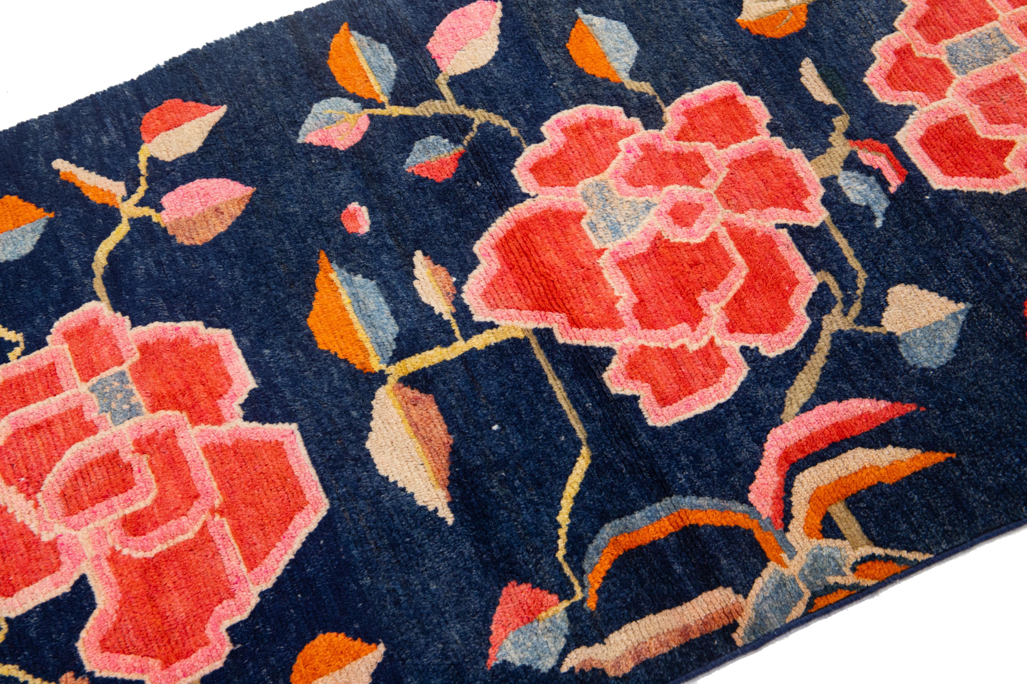 Hand-Knotted Art Deco Antique Chinese Wool Rug In Navy Blue with Floral Motif For Sale