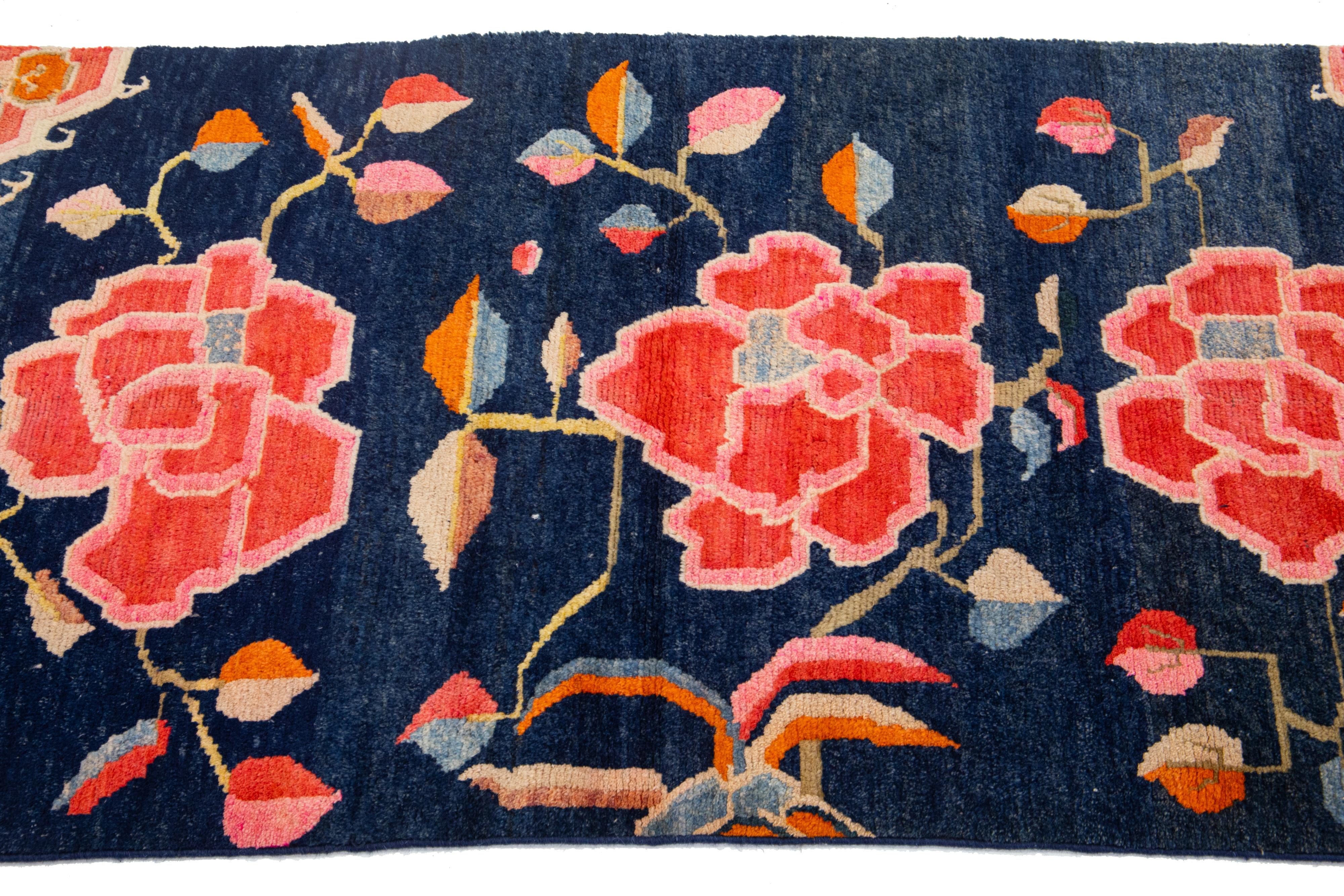 Art Deco Antique Chinese Wool Rug In Navy Blue with Floral Motif In Excellent Condition For Sale In Norwalk, CT