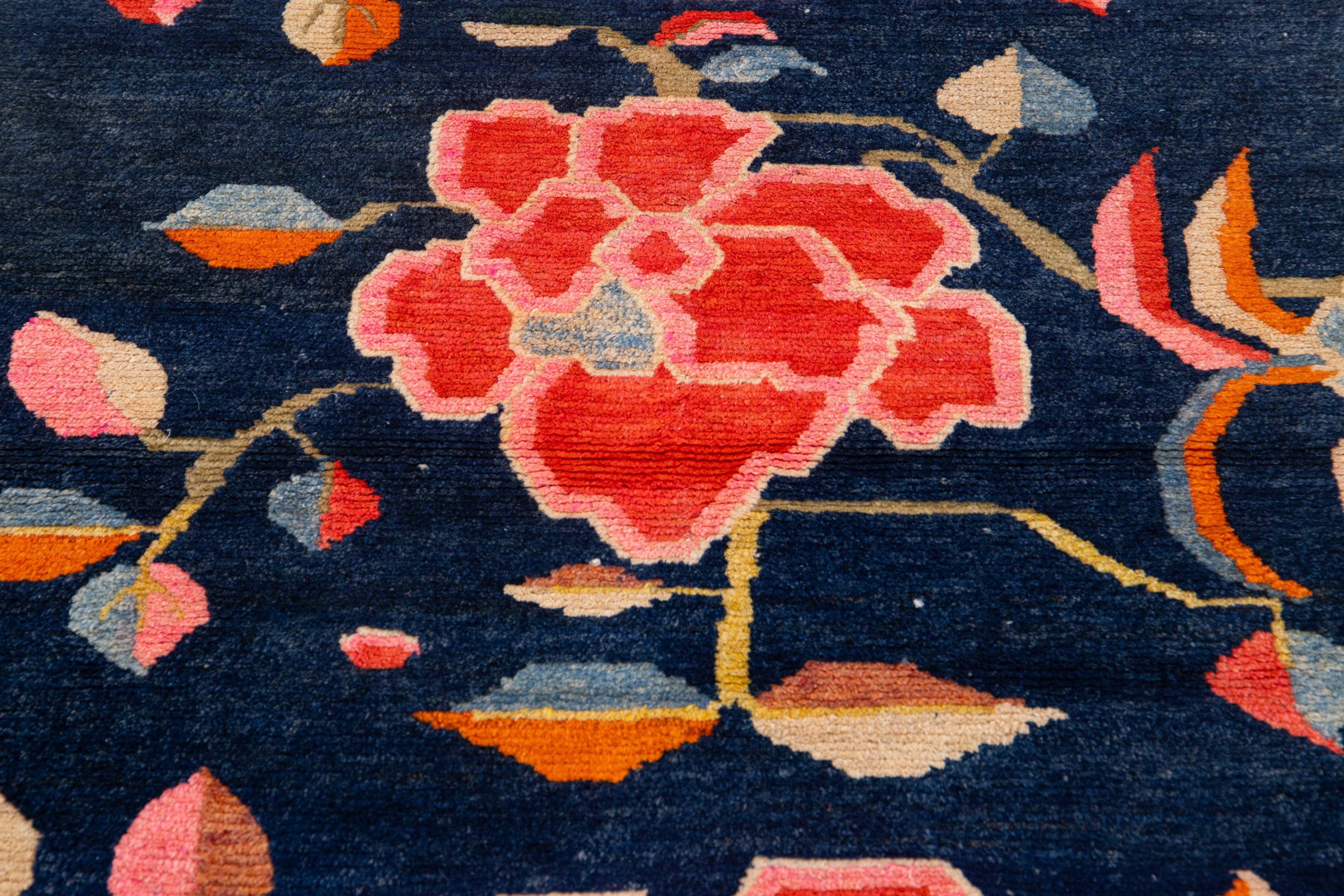 Art Deco Antique Chinese Wool Rug In Navy Blue with Floral Motif For Sale 1