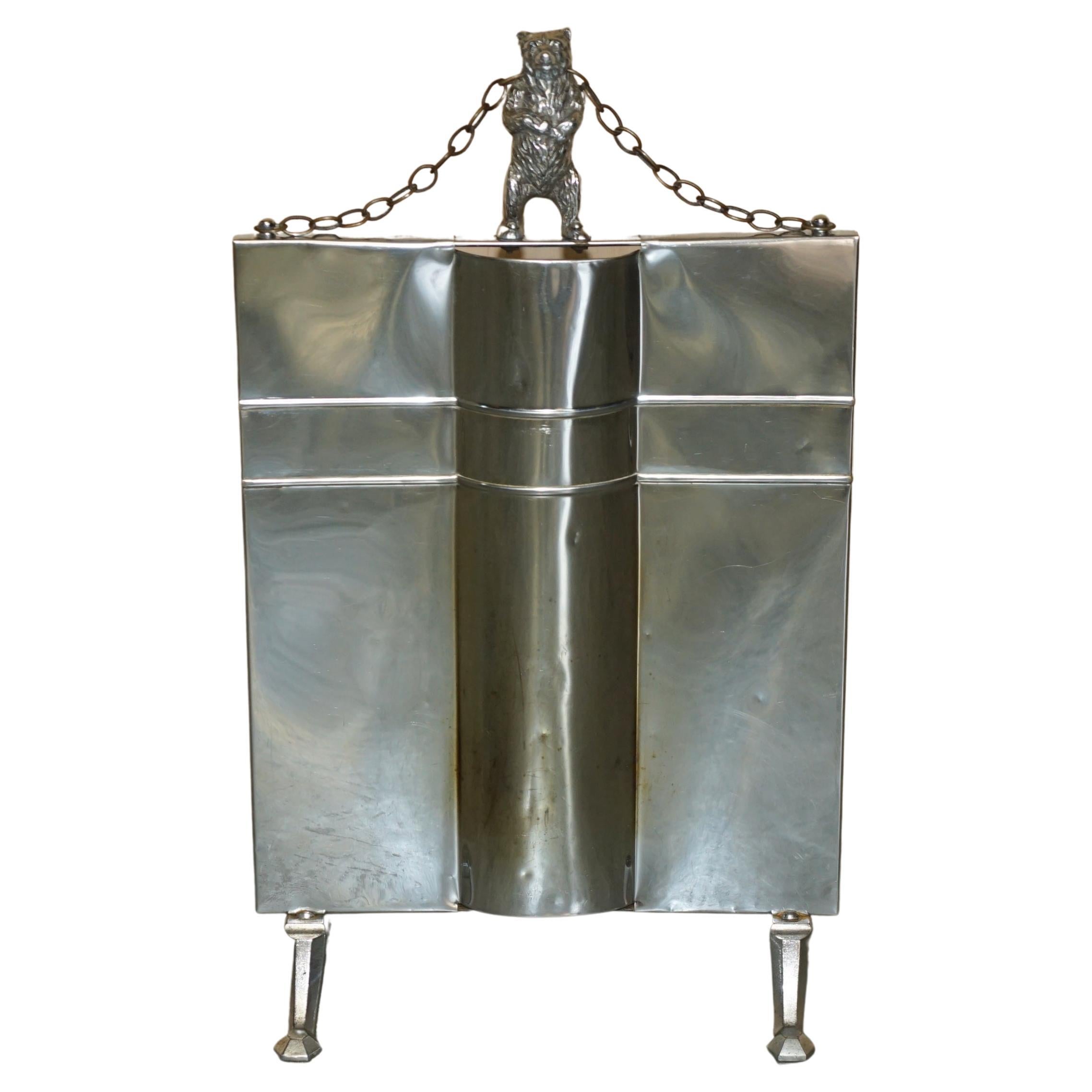 ART DECO ANTiQUE CIRCA 1920'S POLISHED CHROME FIRE GUARD SCREEN WITH BEAR ON TOP For Sale