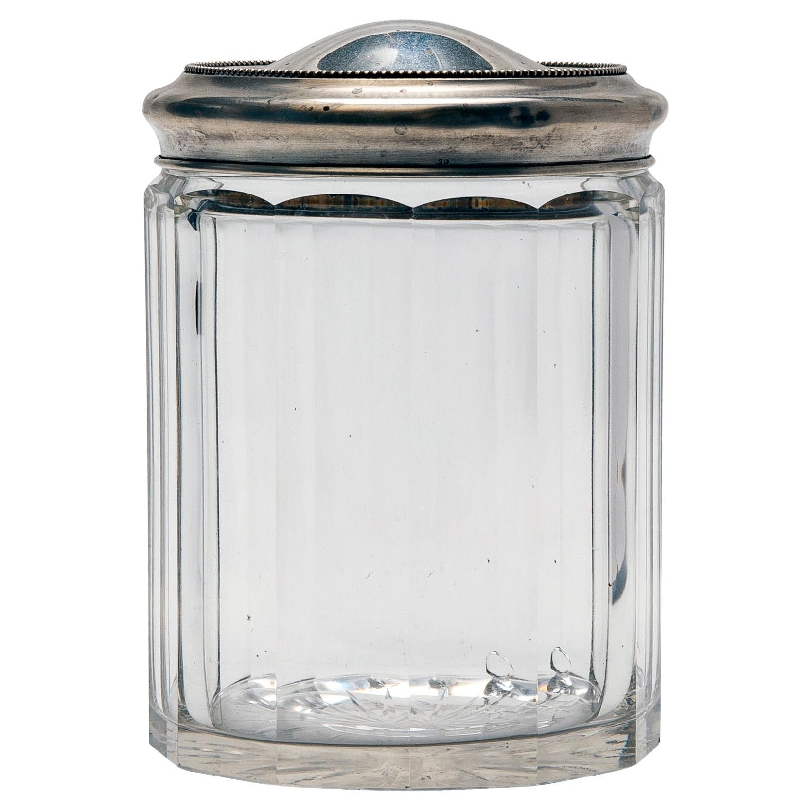 Art Deco Antique Cut Crystal Jar w Sterling Silver Lid