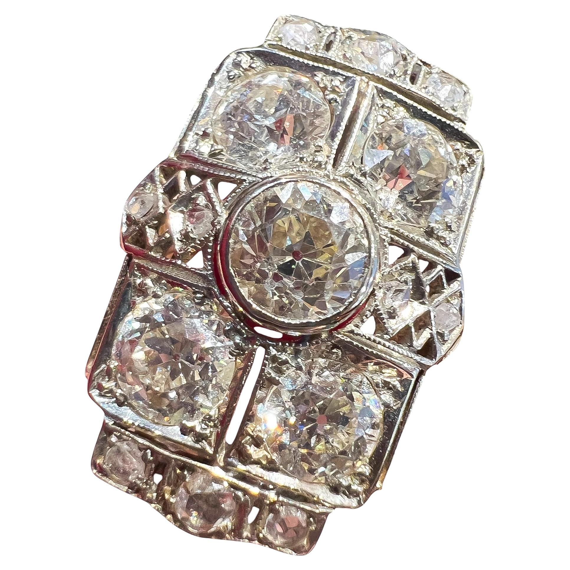 Art deco antique cut diamond ring for 5 carats , platinum and 18 carat gold For Sale
