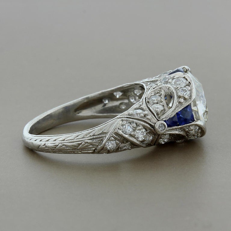Art Deco Antique Diamond Blue Sapphire Platinum Engagement Ring at