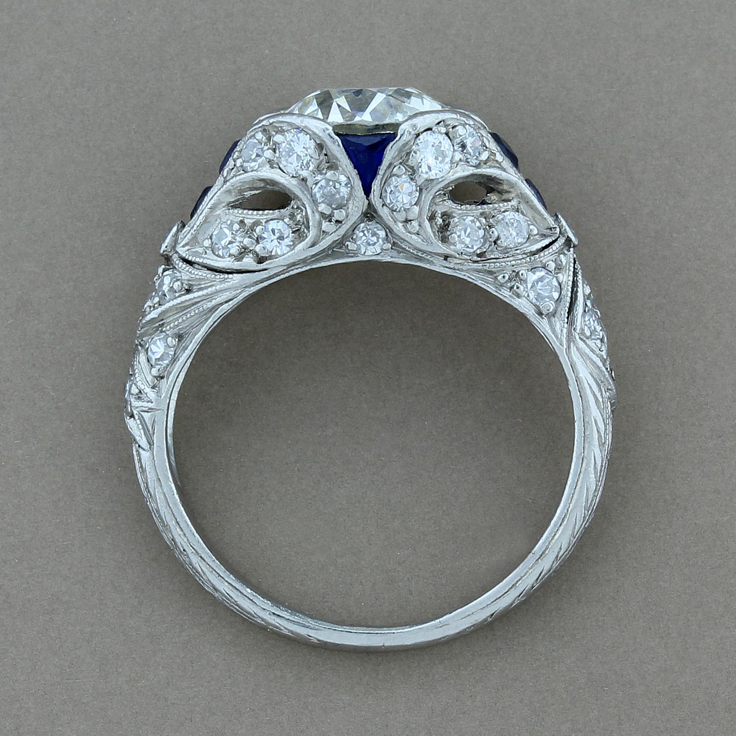 Art Deco Antique Diamond Blue Sapphire Platinum Engagement Ring In Excellent Condition In Beverly Hills, CA