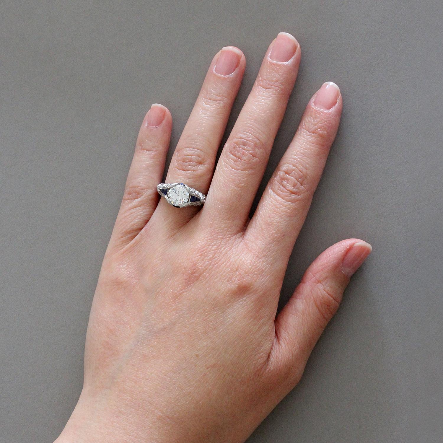 Women's Art Deco Antique Diamond Blue Sapphire Platinum Engagement Ring