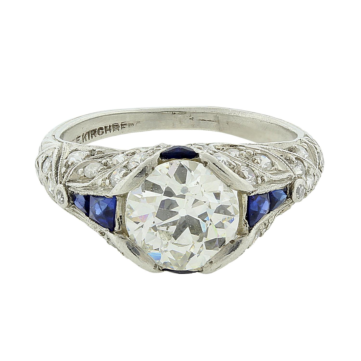 Art Deco Antique Diamond Blue Sapphire Platinum Engagement Ring