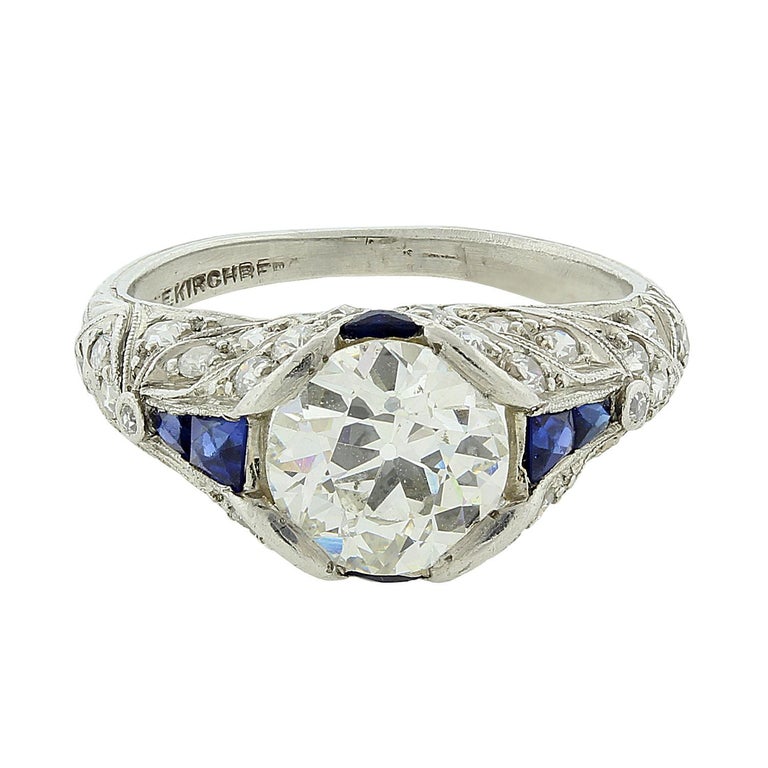 Art Deco Antique Diamond Blue Sapphire Platinum Engagement Ring at