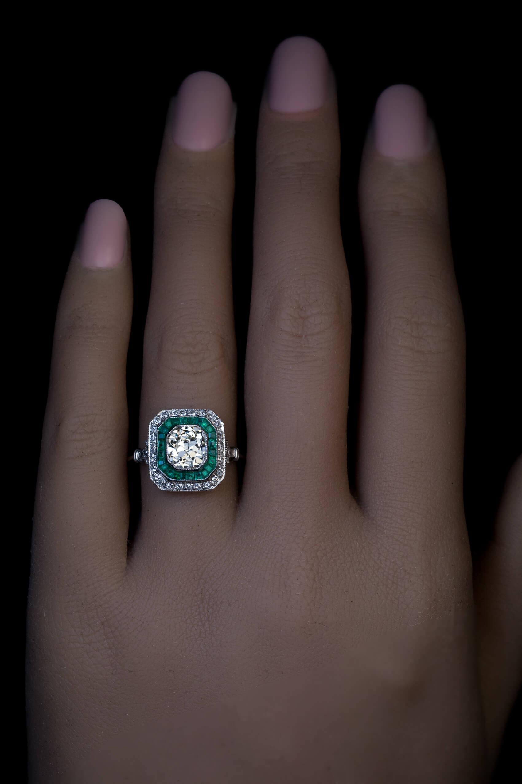 Cushion Cut Art Deco Antique Diamond Emerald Engagement Ring For Sale