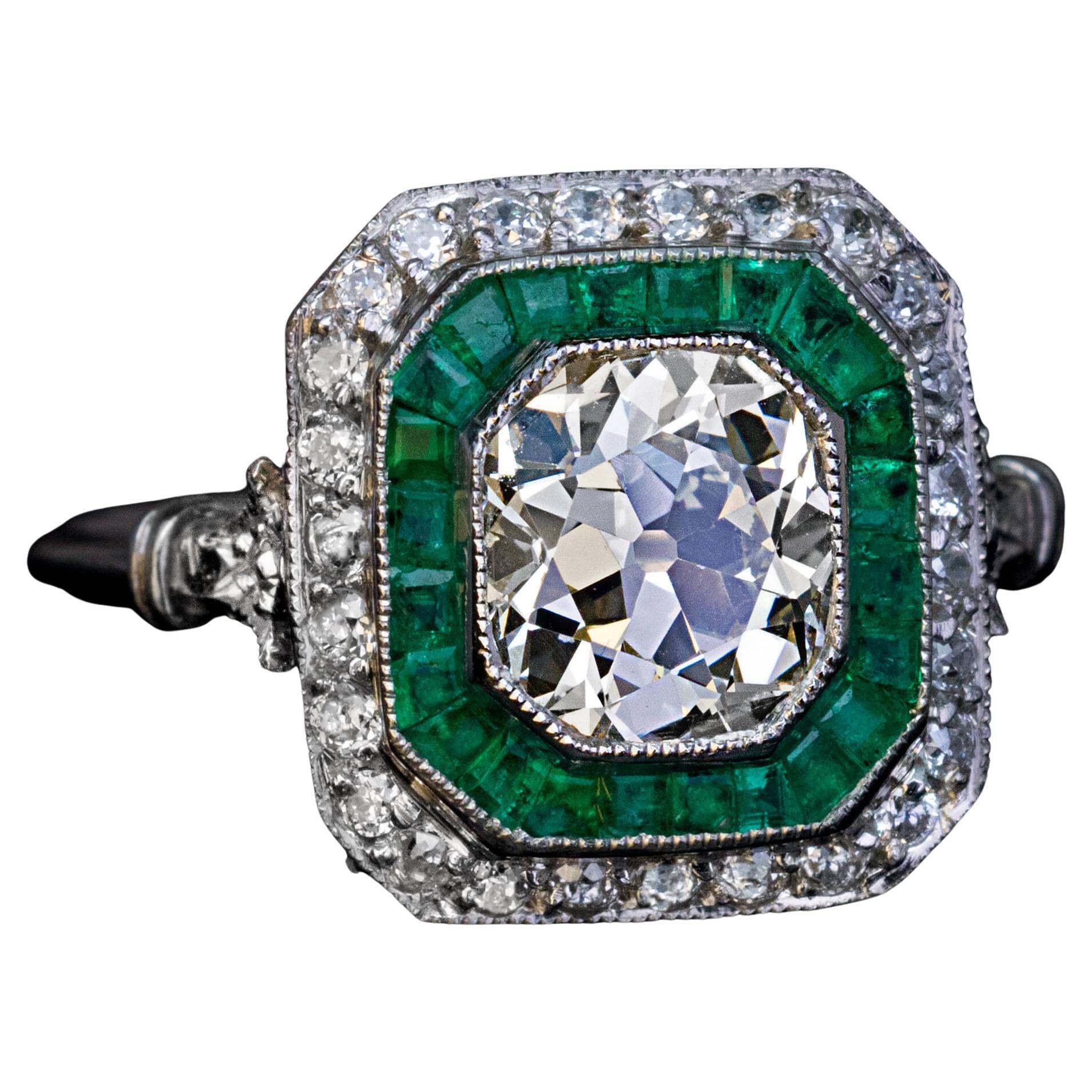 Art Deco Antique Diamond Emerald Engagement Ring