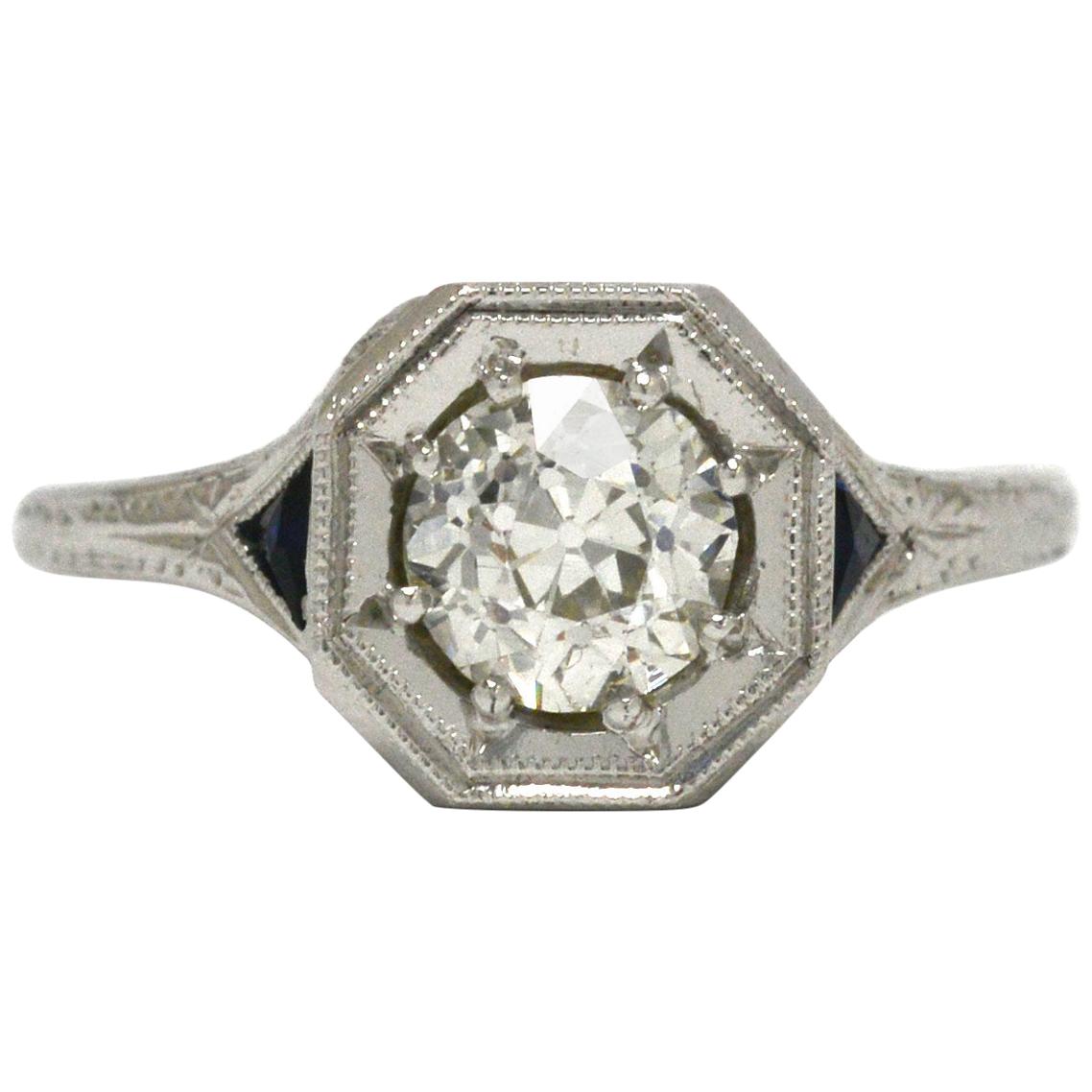 Art Deco Diamond & Blue Sapphire 3 Stone Engagement Ring For Sale