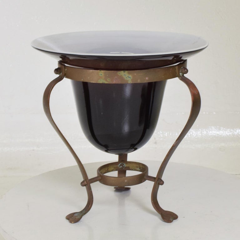 Art Deco Antique Elevated Centerpiece Glass Vase Framed in Solid Bronze