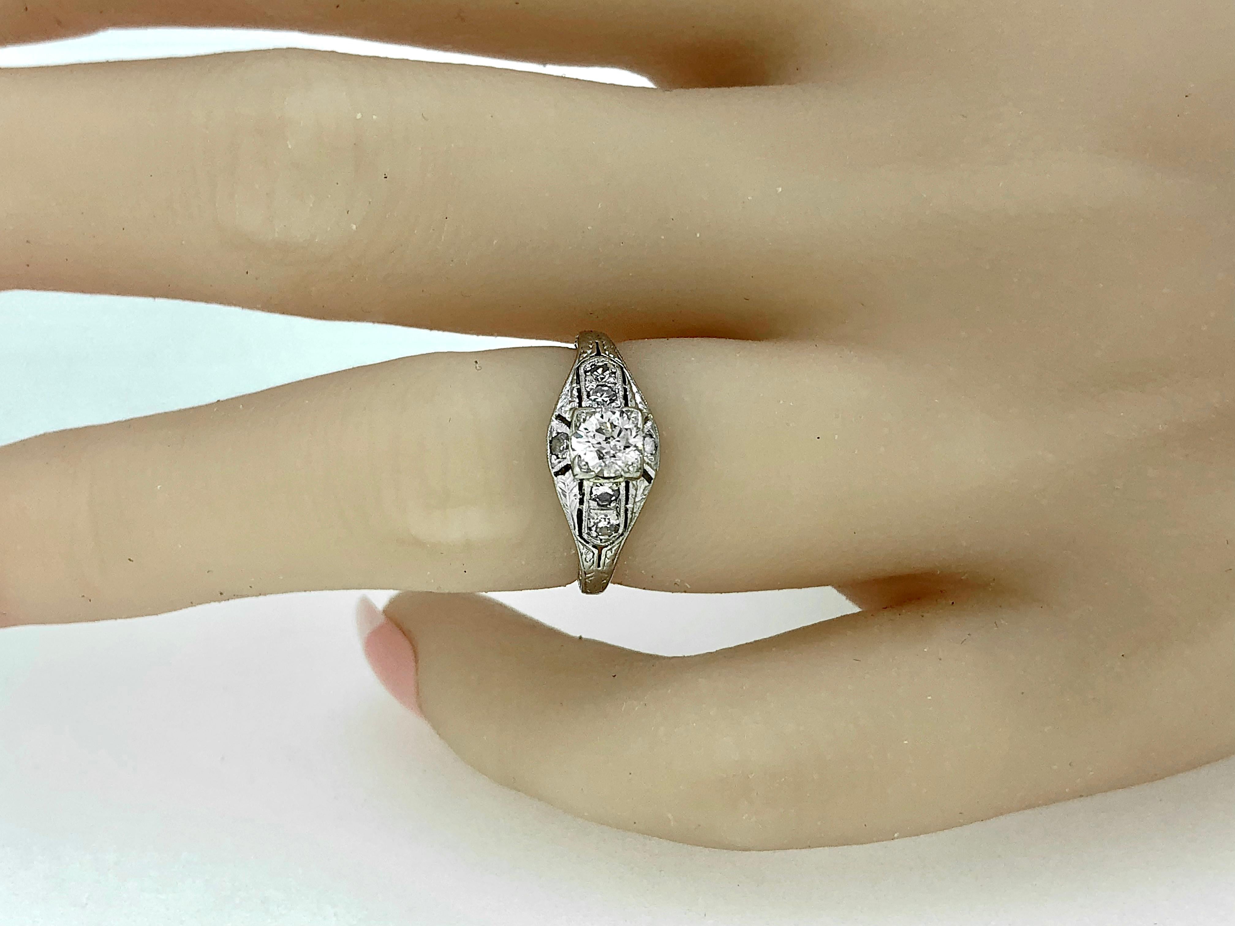Old European Cut Art Deco Antique Engagement Ring .35 Carat Diamond Platinum For Sale