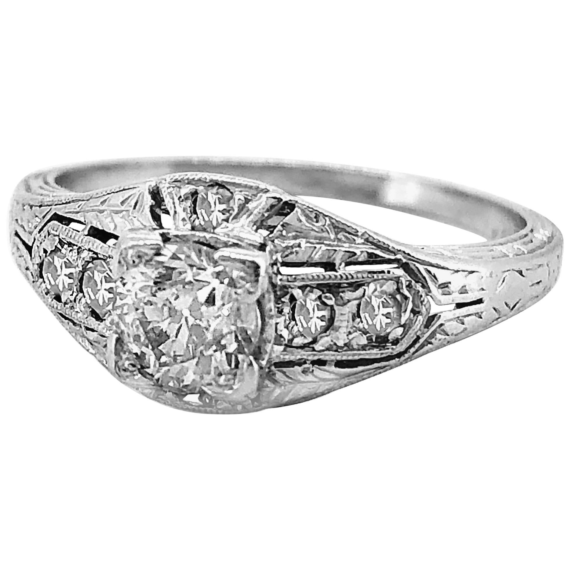 Art Deco Antique Engagement Ring .35 Carat Diamond Platinum For Sale