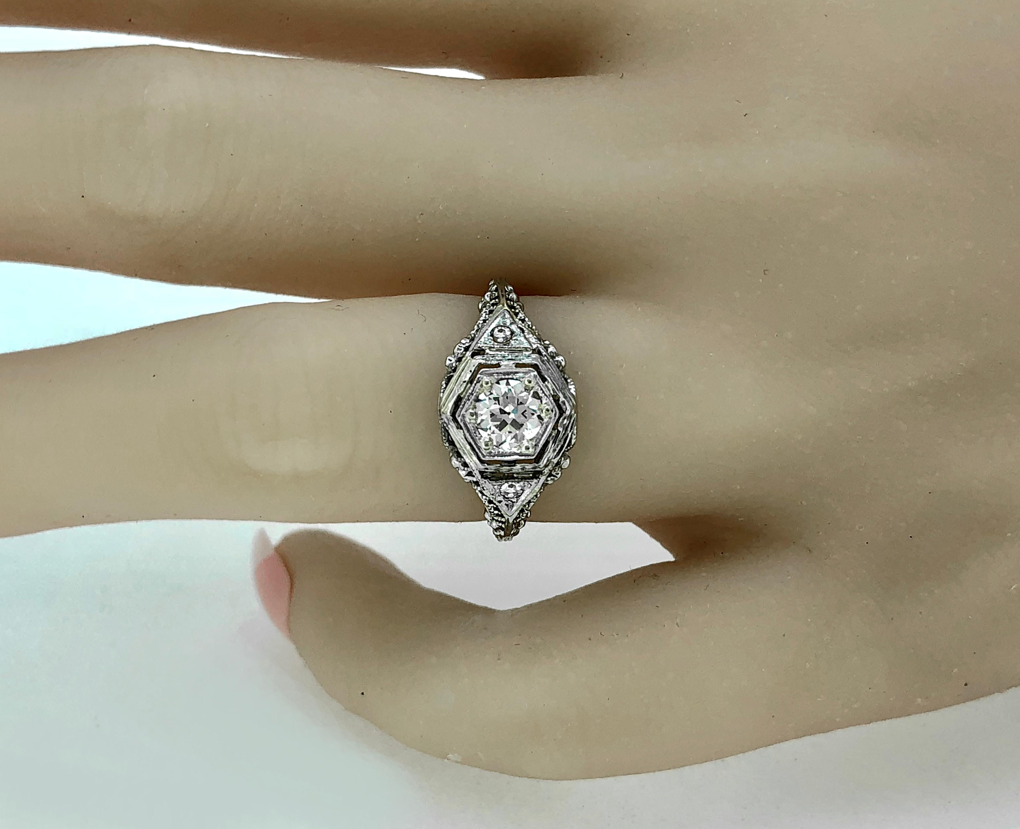 Art Deco Antique Engagement Ring .50 Carat Diamond 18 Karat White Gold In Excellent Condition In Tampa, FL