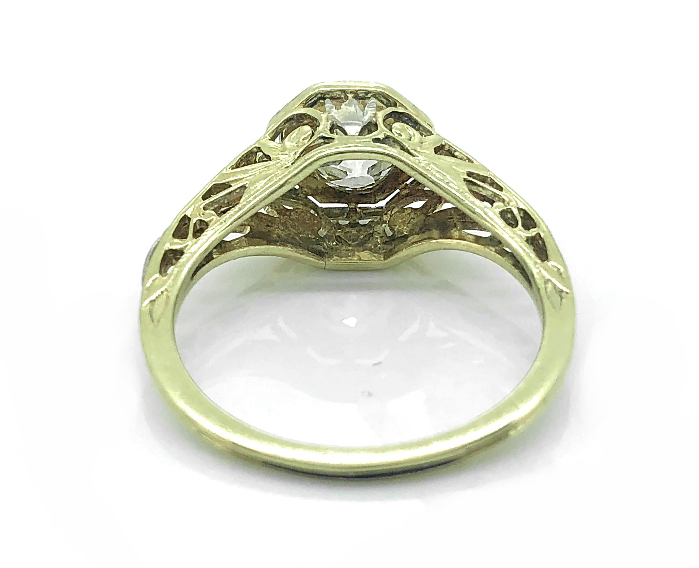 Old European Cut Art Deco Antique Engagement Ring 80 Carat Diamond, White and Yellow Gold, J35934 For Sale