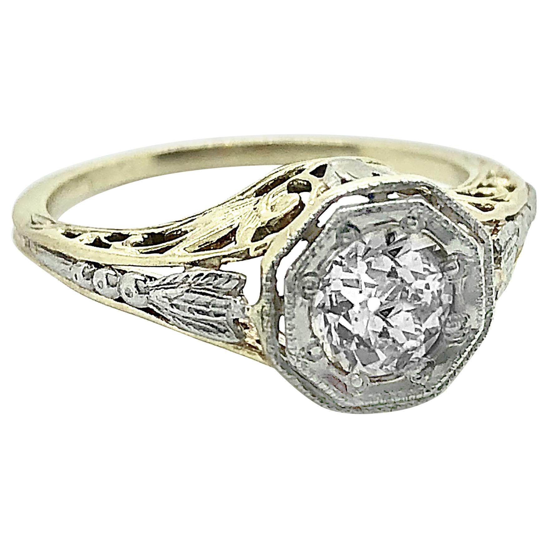 Art Deco Antique Engagement Ring 80 Carat Diamond, White and Yellow Gold, J35934 For Sale