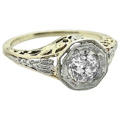 Art Deco Antique Engagement Ring 80 Carat Diamond, White and Yellow Gold, J35934
