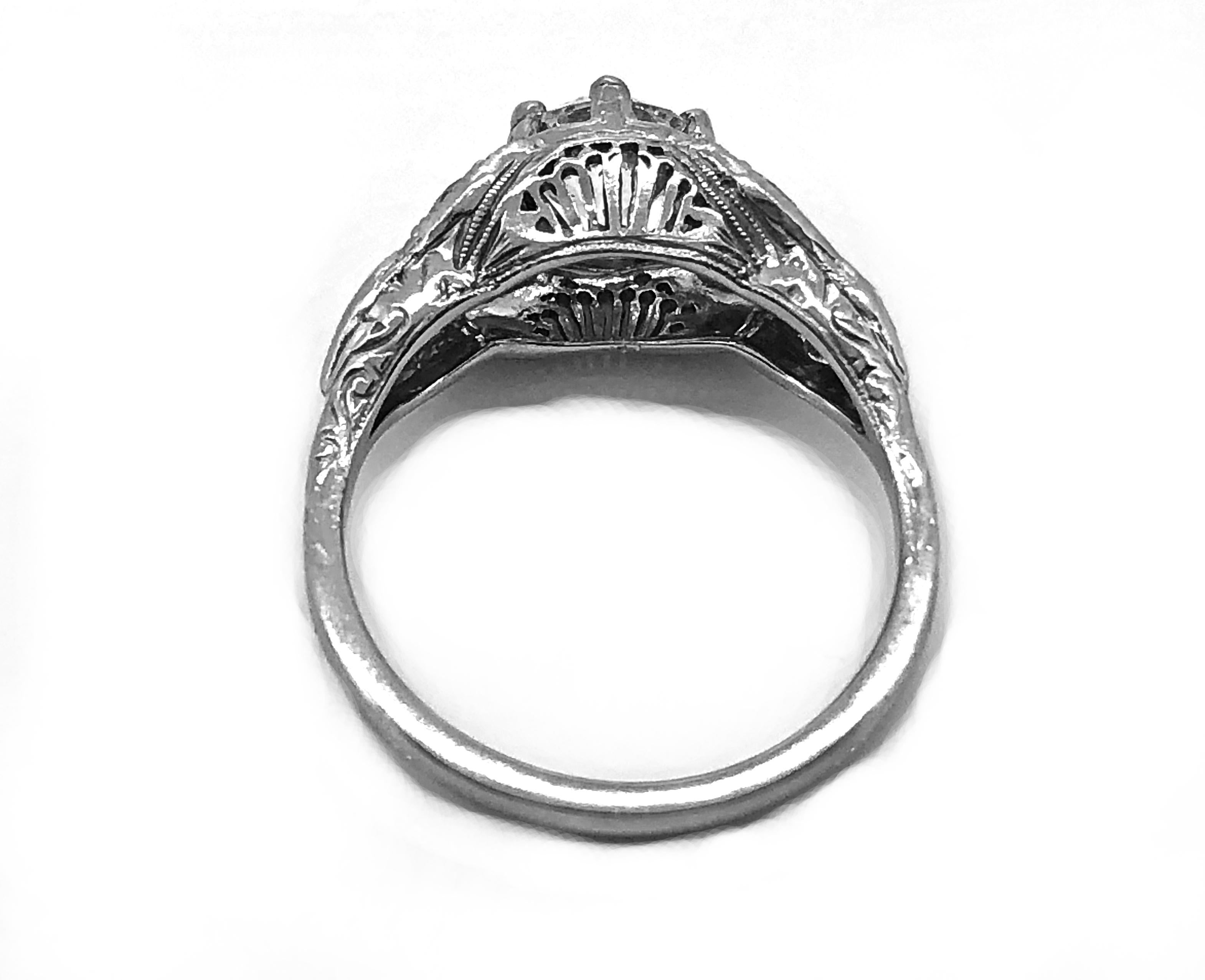 Women's Art Deco Antique Engagement Ring .85 Carat Diamond 18K White Gold For Sale