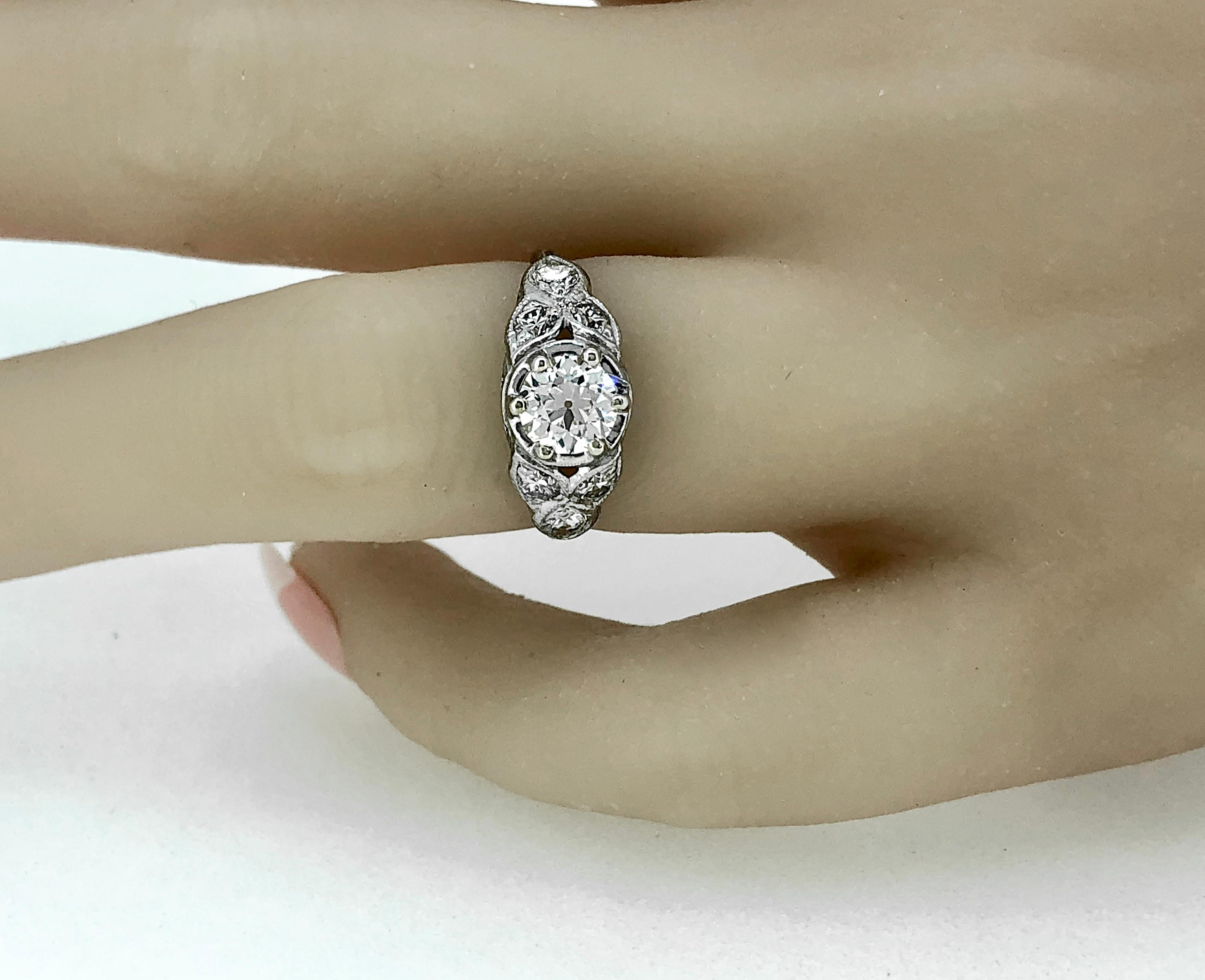 Art Deco Antique Engagement Ring .85 Carat Diamond 18K White Gold For Sale 1