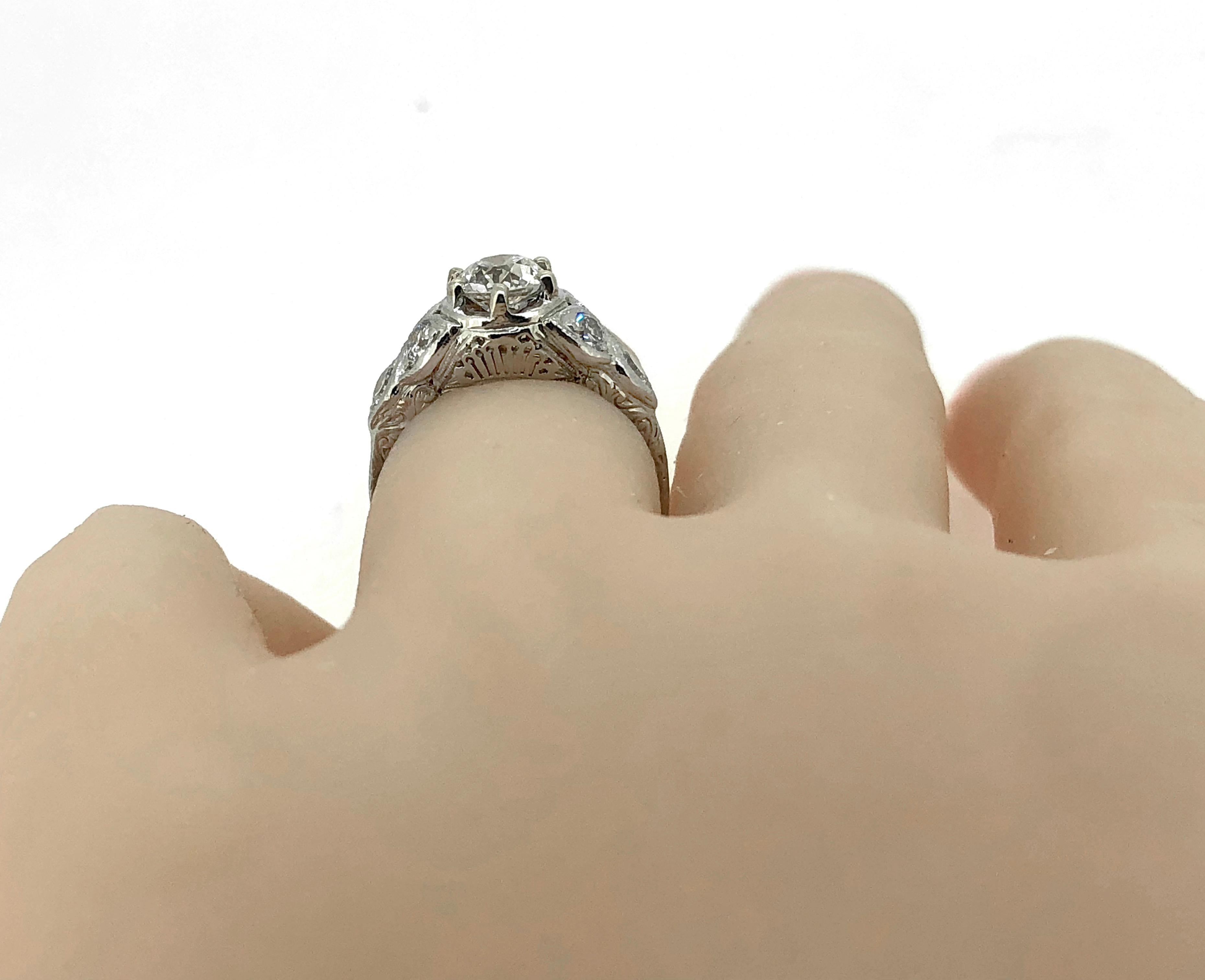 Art Deco Antique Engagement Ring .85 Carat Diamond 18K White Gold For Sale 2