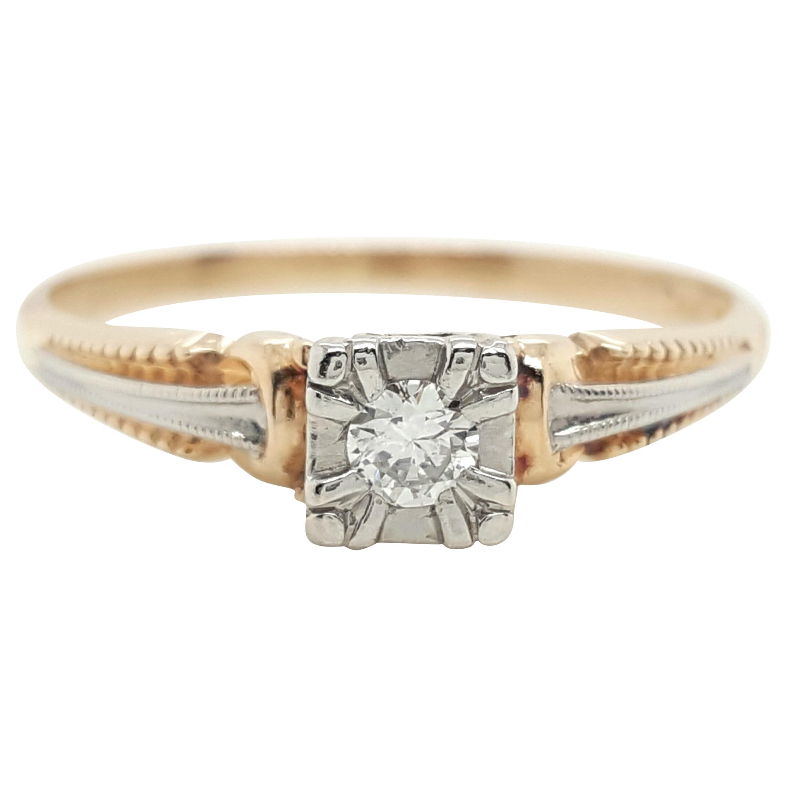 Art Deco Antique Old European Diamond Two-Tone Gold Filigree Solitaire Ring For Sale