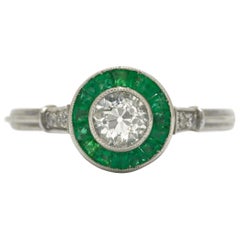 Art Deco Antique Old Mine Cut Diamond Emerald Halo Platinum Engagement Ring