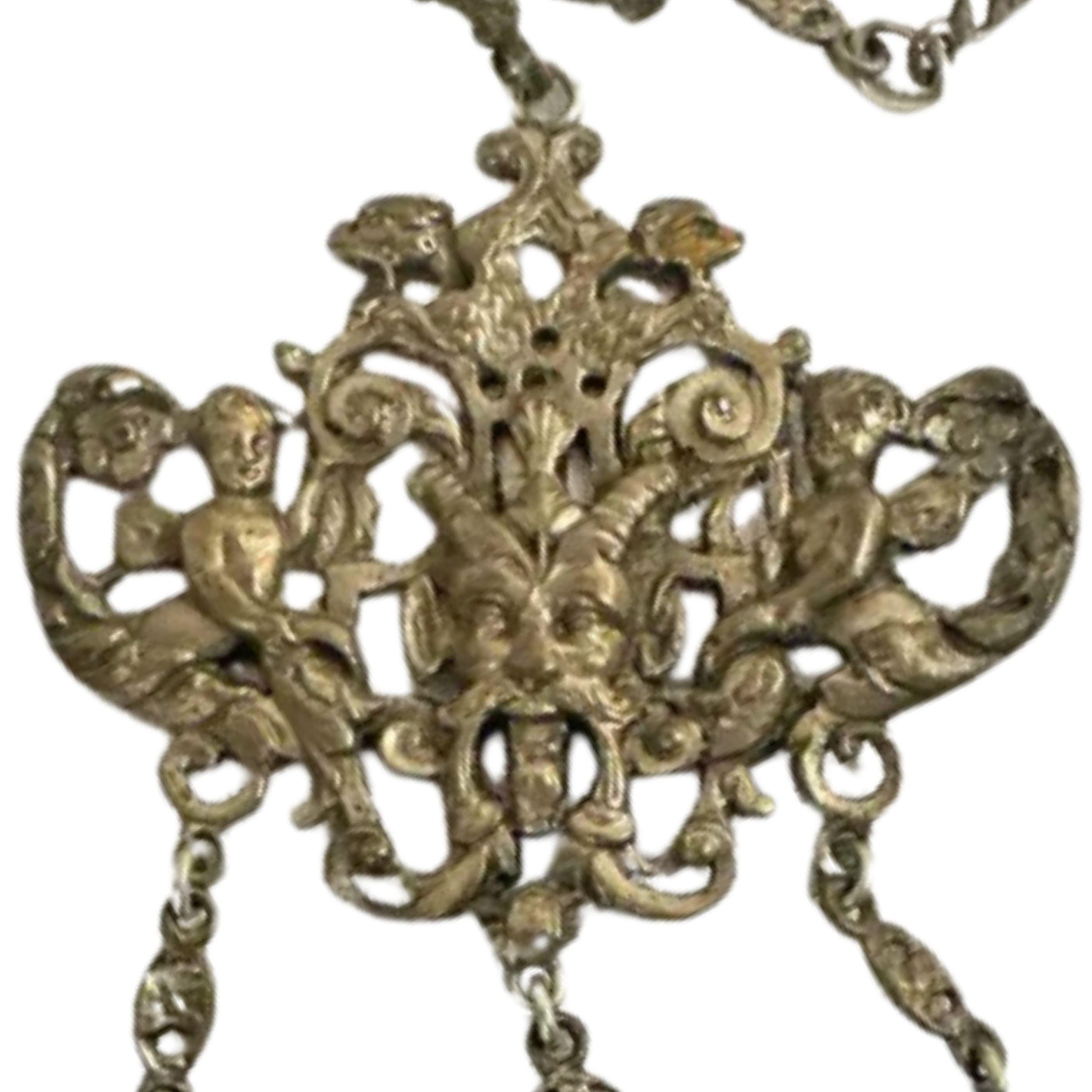 Art Deco Antique Peruzzi Satyr Angels Renaissance Silver Necklace For Sale 1