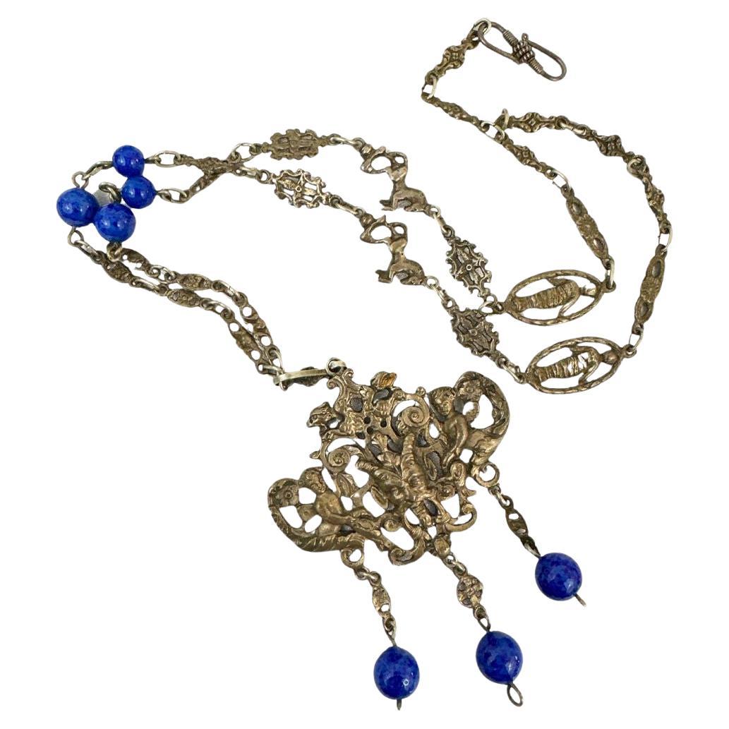 Art Deco Antique Peruzzi Satyr Angels Renaissance Silver Necklace For Sale