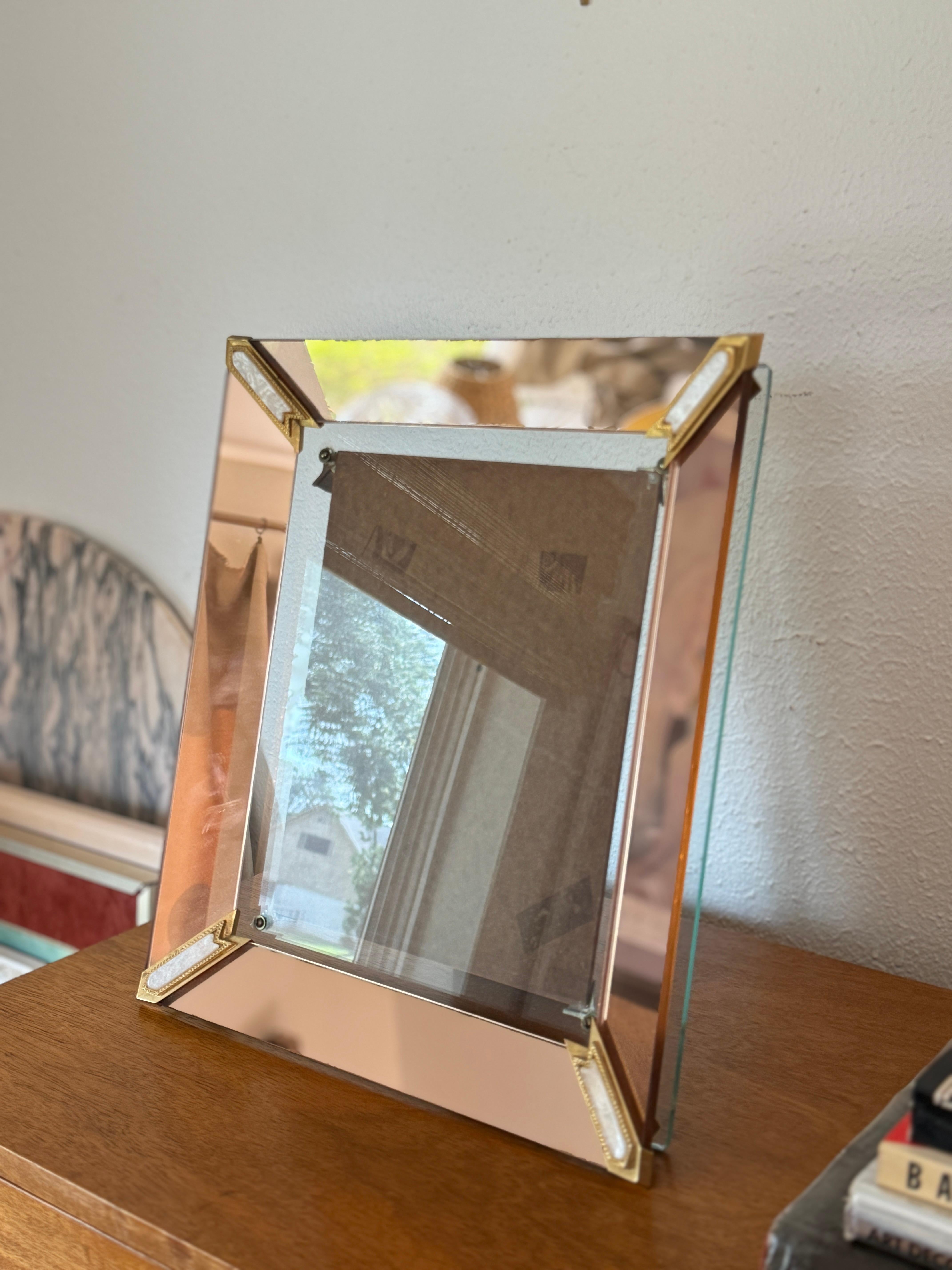 Art deco antique picture frame with mirrored glass peach edges 5